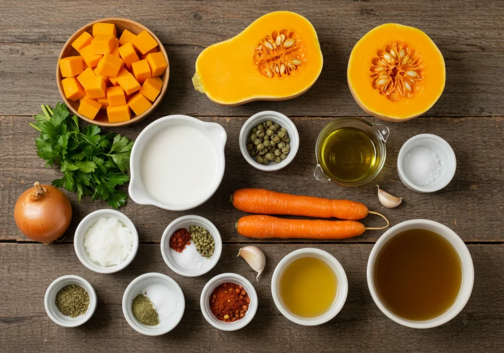 Ingredients for butternut squash soup laid out on a table