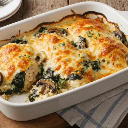 Golden baked chicken spinach and mushroom low carb oven dish with melted cheese in a white casserole.
