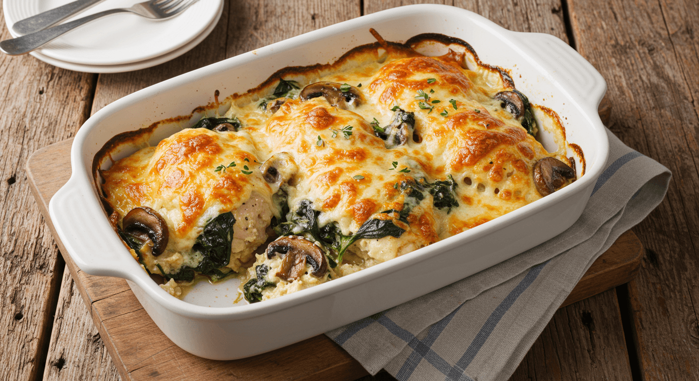 Golden baked chicken spinach and mushroom low carb oven dish with melted cheese in a white casserole.