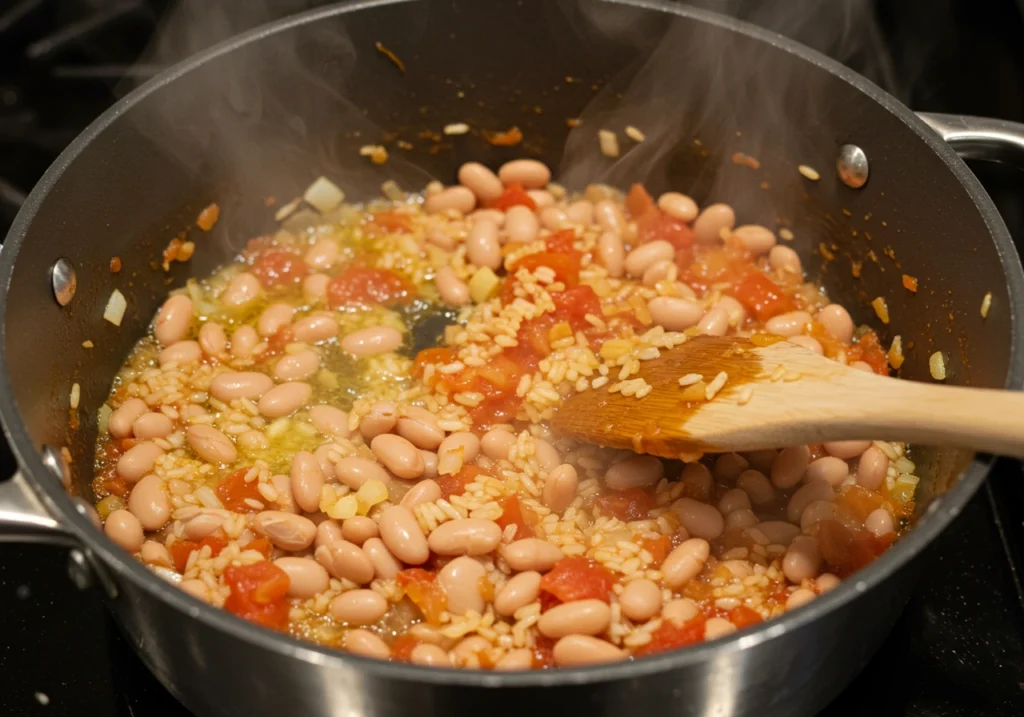 Mediterranean Rice & Beans cooking in a pot with onions, garlic, and tomatoes.
