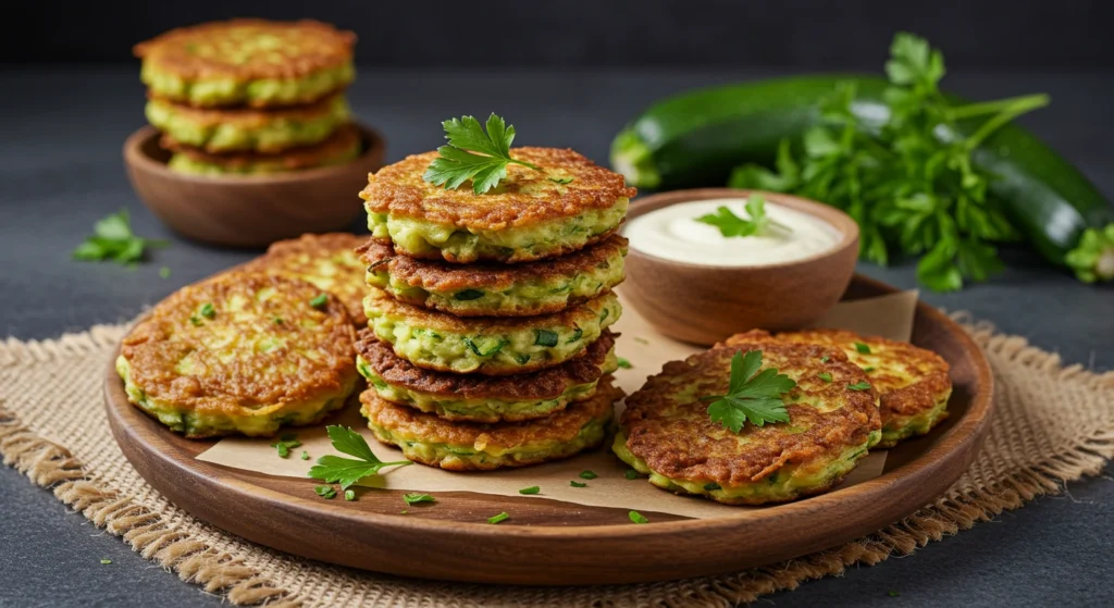 Best ever zucchini fritters recipe served golden and crispy on a rustic plate.