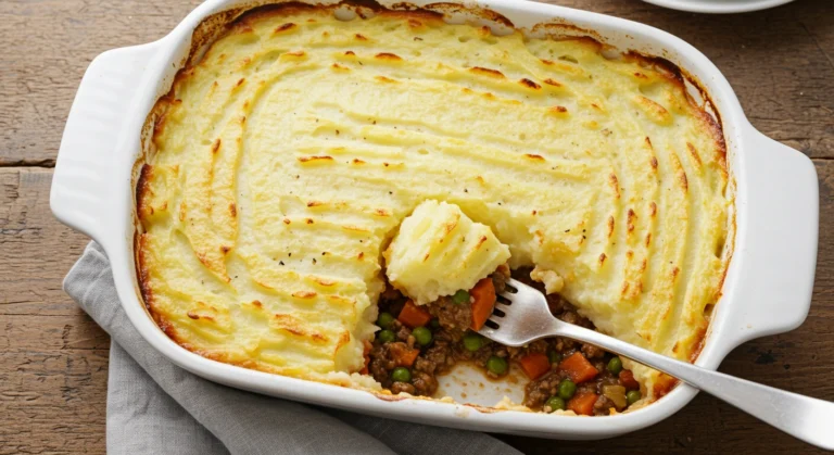 Easy shepherd’s pie with golden mashed potato topping in a casserole dish
