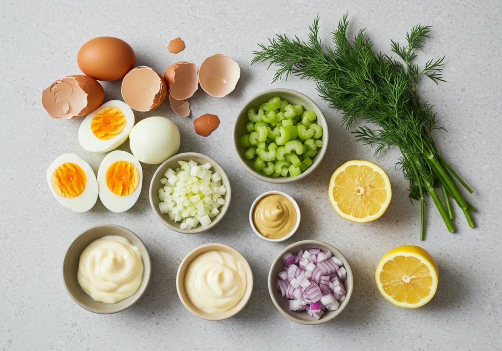 Fresh ingredients for egg salad recipe including eggs, mayo, celery, and herbs