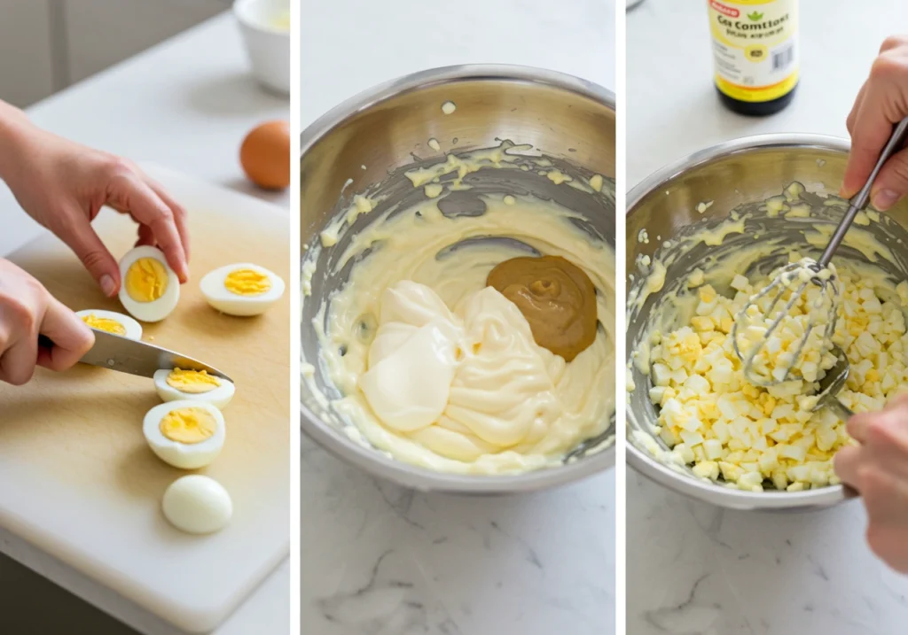 Step-by-step preparation of egg salad with eggs being chopped and mixed
