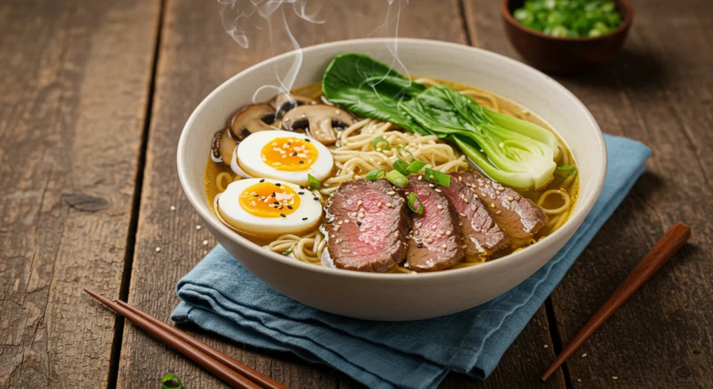 Delicious beef ramen noodles in a bowl with beef, egg, and vegetables.