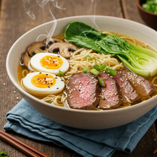 Delicious beef ramen noodles in a bowl with beef, egg, and vegetables.