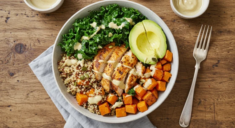 Healthy chicken and sweet potato bowl with quinoa and greens