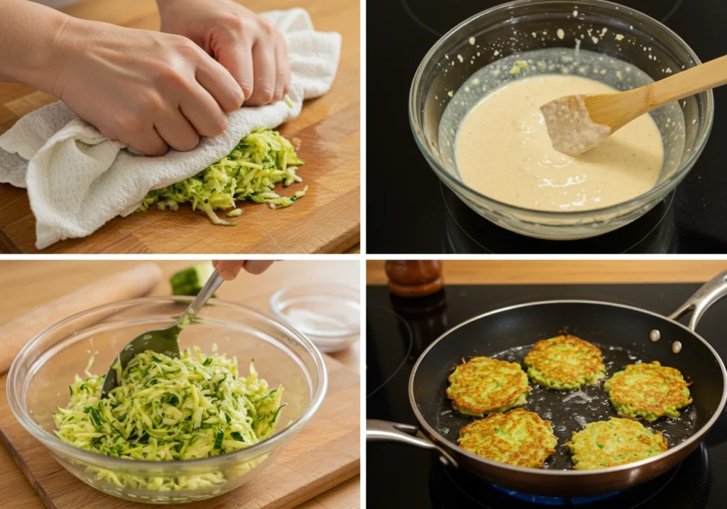 Step-by-step process of grating, mixing, and frying zucchini fritters.