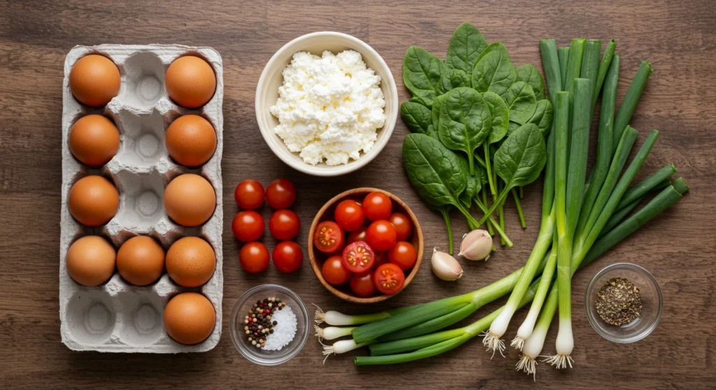 Fresh ingredients for cottage cheese egg bake arranged on a wooden surface.