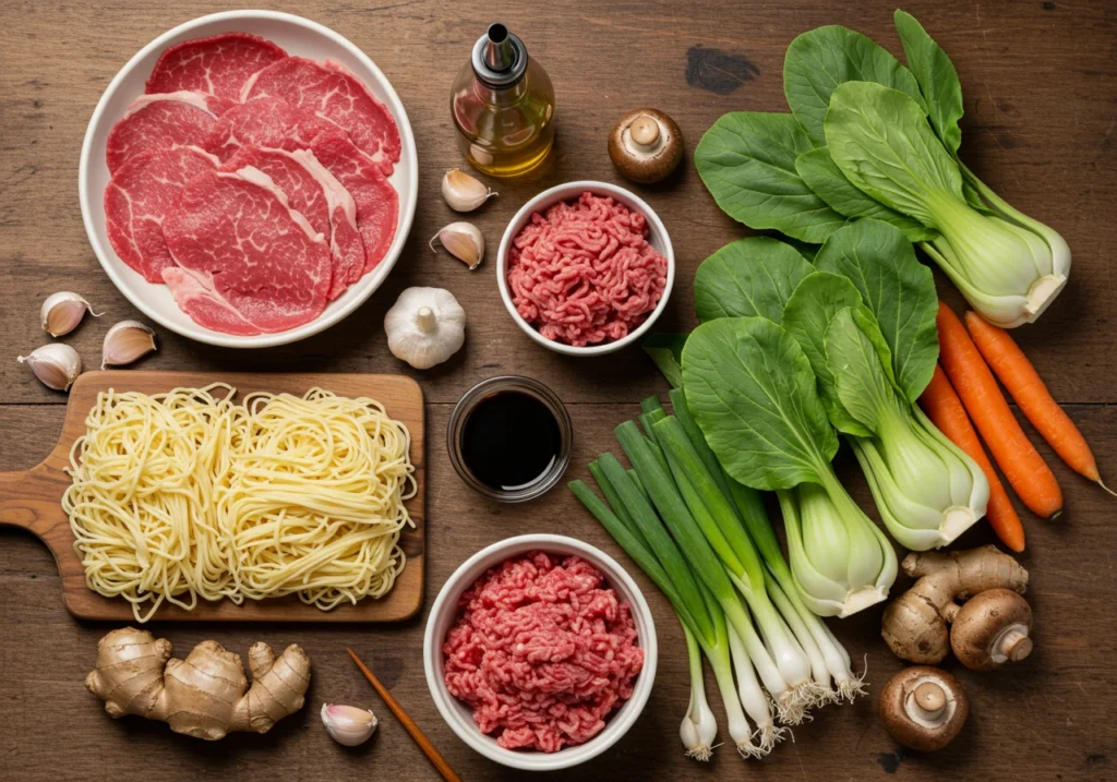 Fresh ingredients for beef ramen noodles laid out on a wooden table.