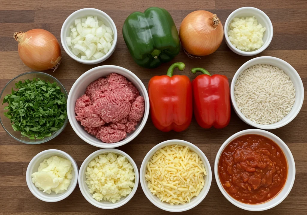Ingredients for stuffed peppers recipe laid out on wooden table