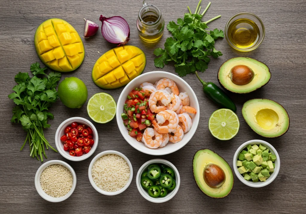 Fresh ingredients for shrimp and avocado bowls with mango salsa