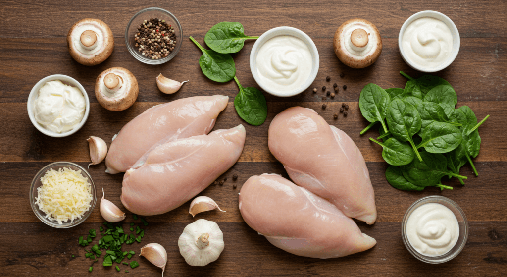 Ingredients for chicken spinach and mushroom low carb oven dish arranged on a wooden counter.