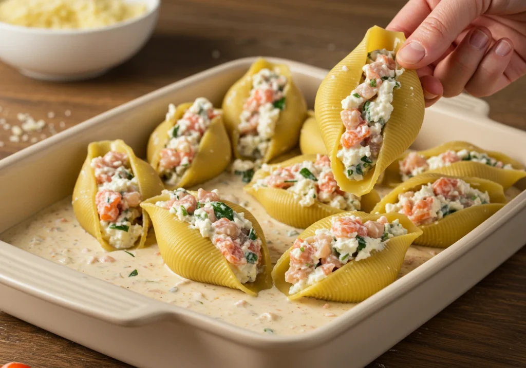 Filling jumbo pasta shells with ricotta and seafood mixture.