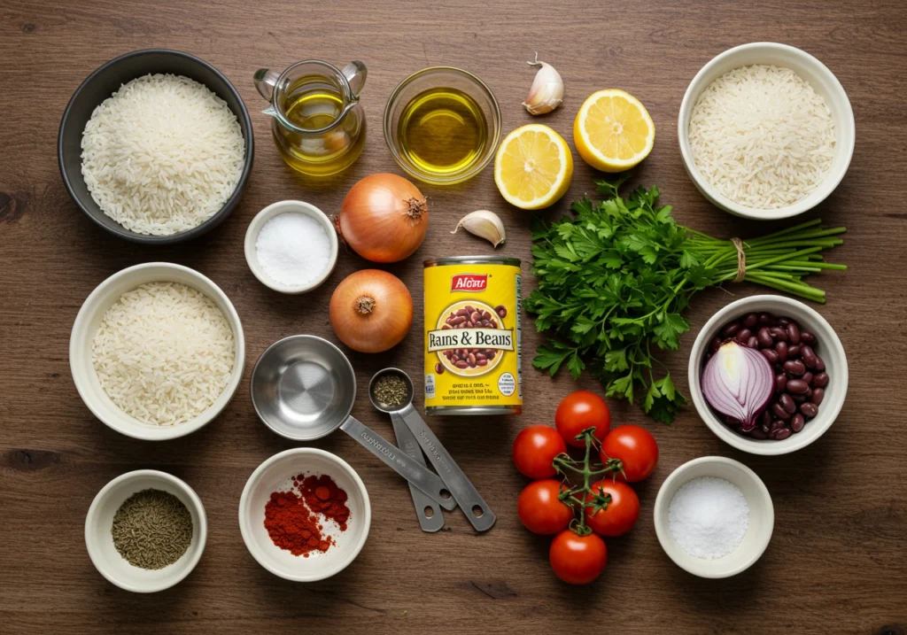 Mediterranean Rice & Beans ingredients laid out on a wooden table.