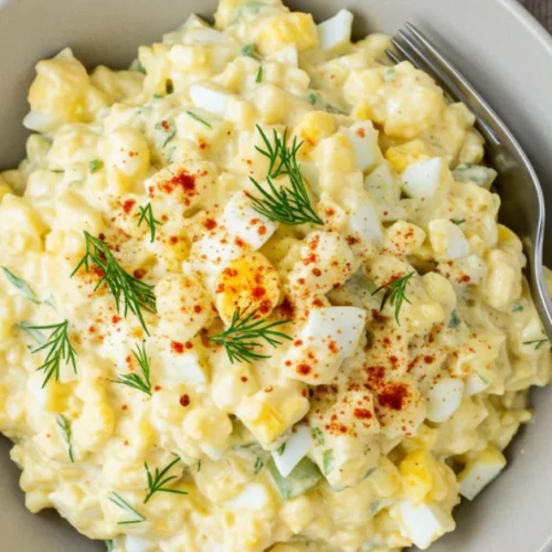 Creamy homemade egg salad recipe in a bowl with fresh herbs and paprika