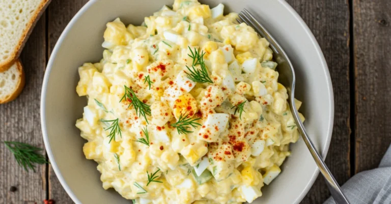 Creamy homemade egg salad recipe in a bowl with fresh herbs and paprika