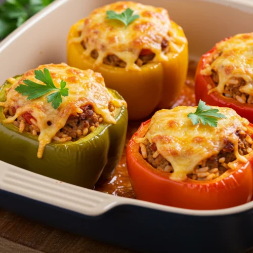 Perfect stuffed peppers recipe with melted cheese in baking dish