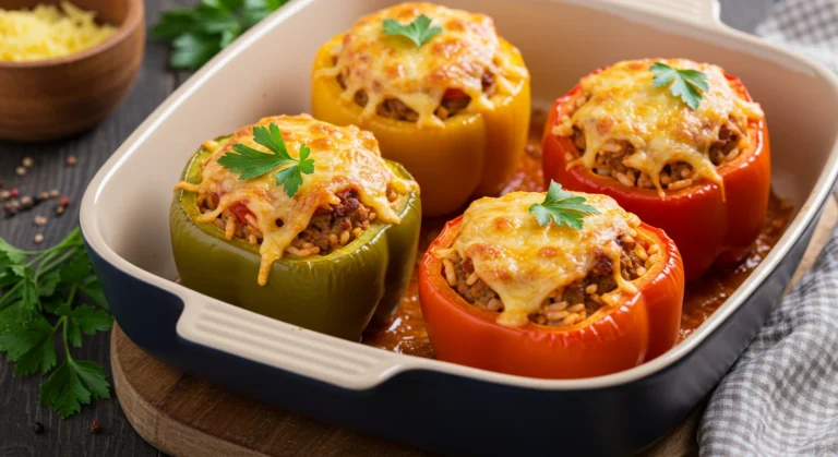 Perfect stuffed peppers recipe with melted cheese in baking dish