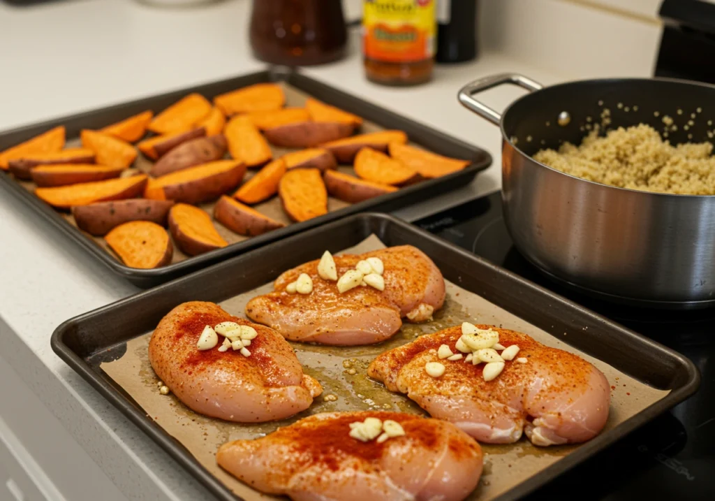 Cooking chicken and roasting sweet potatoes step by step