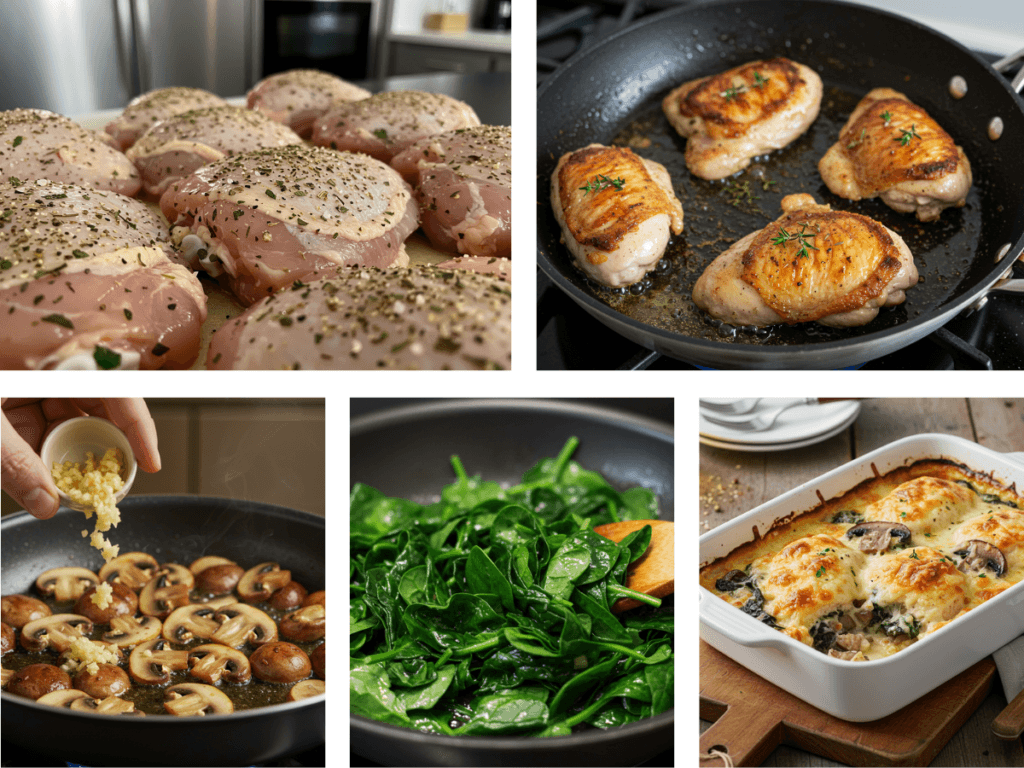 Step-by-step preparation of chicken spinach and mushroom low carb oven dish.