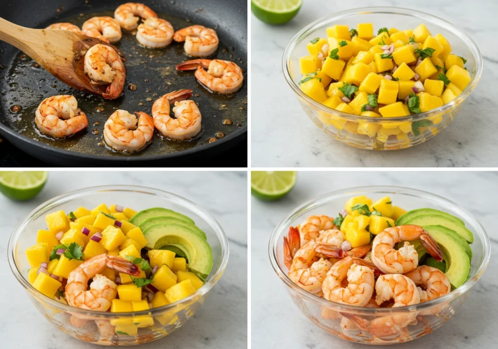 Step-by-step preparation of shrimp and avocado bowls with mango salsa