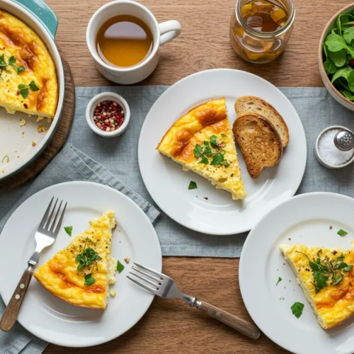 Baked cottage cheese eggs in a white ceramic dish with spinach and tomatoes.