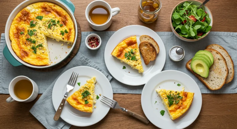Baked cottage cheese eggs in a white ceramic dish with spinach and tomatoes.