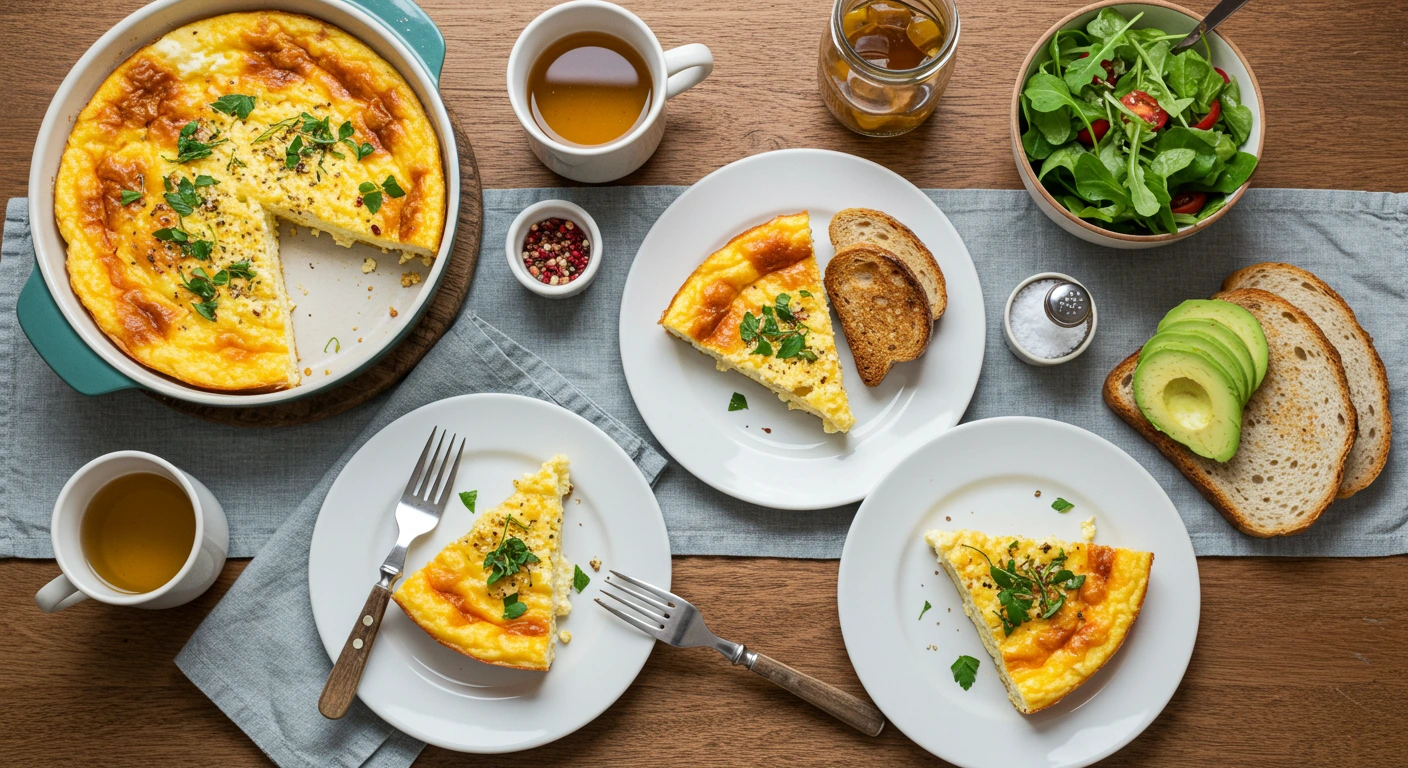 Baked cottage cheese eggs in a white ceramic dish with spinach and tomatoes.