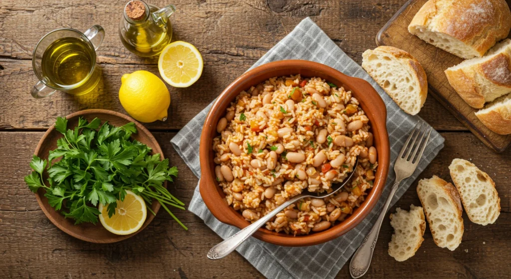 Mediterranean Rice & Beans served in a rustic bowl with fresh herbs and lemon.