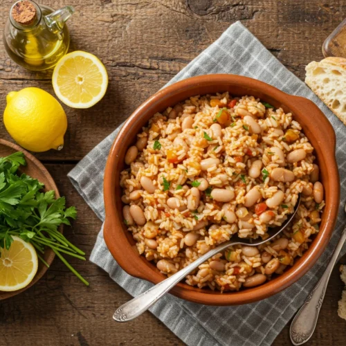 Mediterranean Rice & Beans served in a rustic bowl with fresh herbs and lemon.