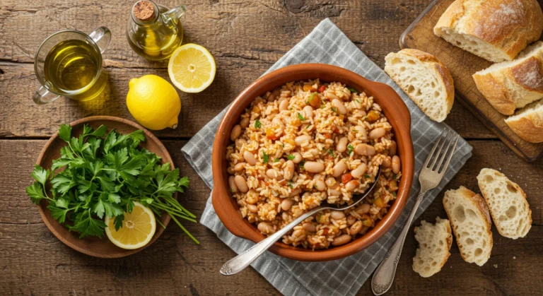 Mediterranean Rice & Beans served in a rustic bowl with fresh herbs and lemon.