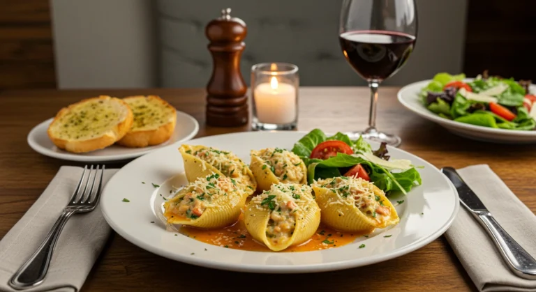 Featured seafood stuffed shells baked with cheese and Alfredo sauce.