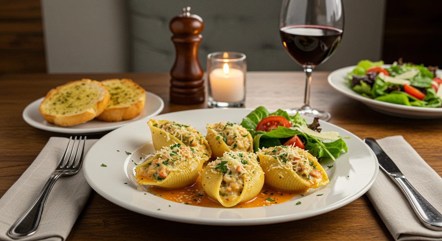 Featured seafood stuffed shells baked with cheese and Alfredo sauce.