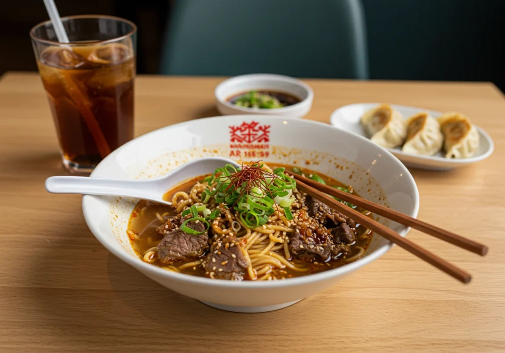 Served bowl of beef ramen noodles with garnishes and side dishes.