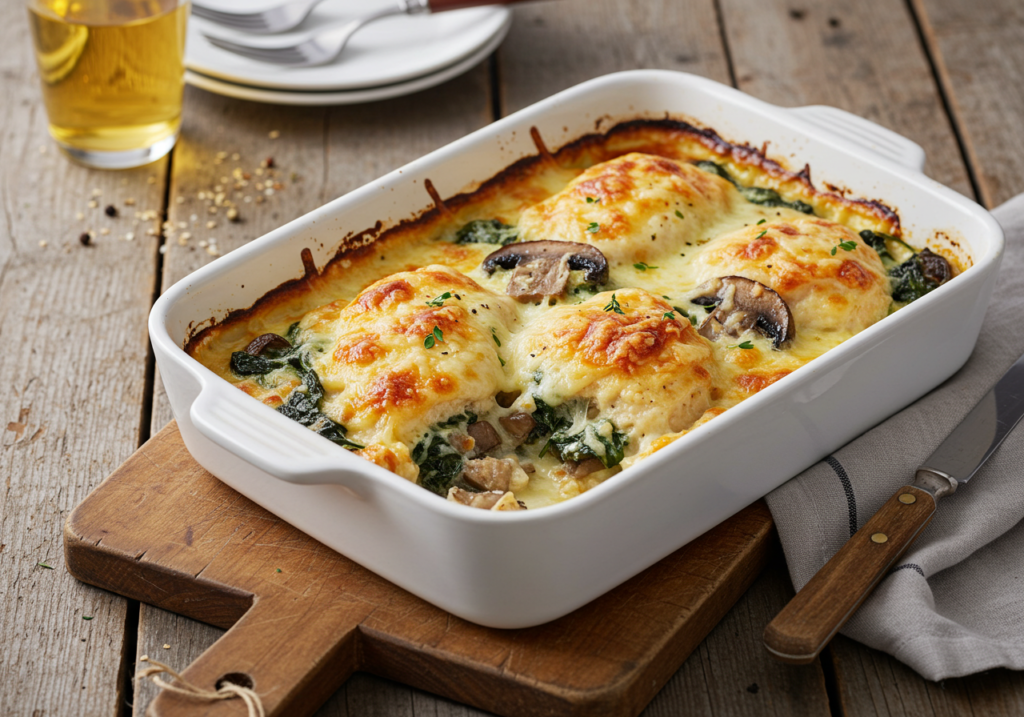 Serving of chicken spinach and mushroom low carb oven dish with cauliflower rice and salad.