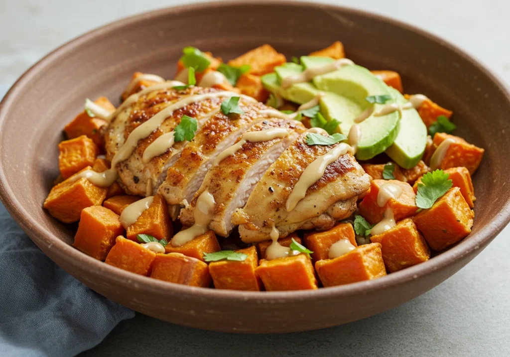 Served chicken and sweet potato bowl with toppings