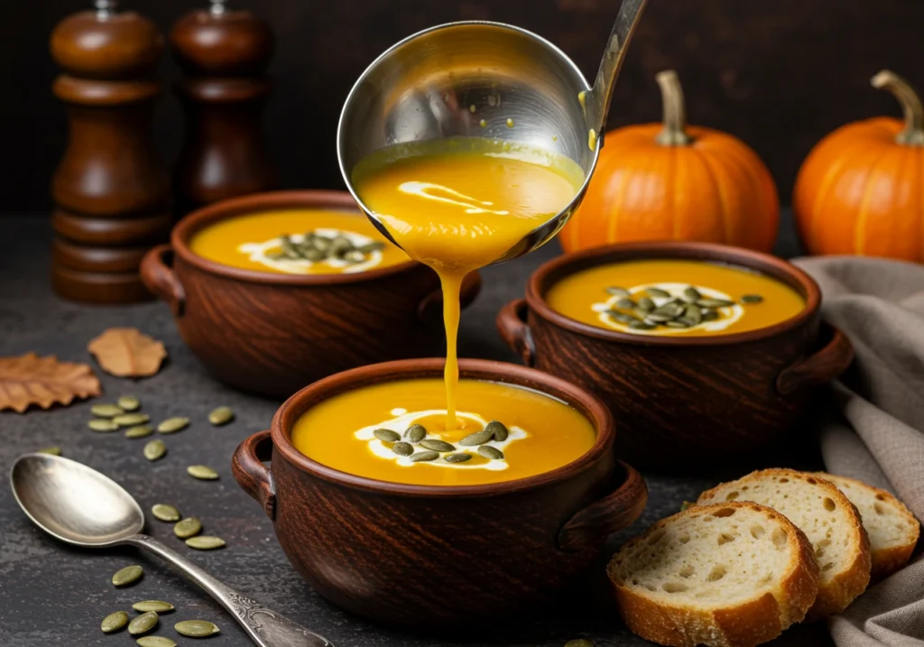 Butternut squash soup served with bread and toppings
