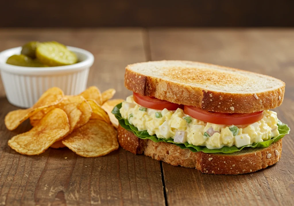 Egg salad sandwich served on rustic bread with lettuce and tomato