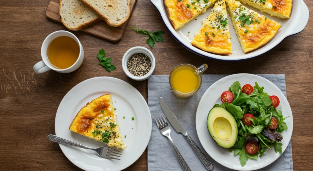 Slices of baked cottage cheese eggs served with avocado and salad on a breakfast table.