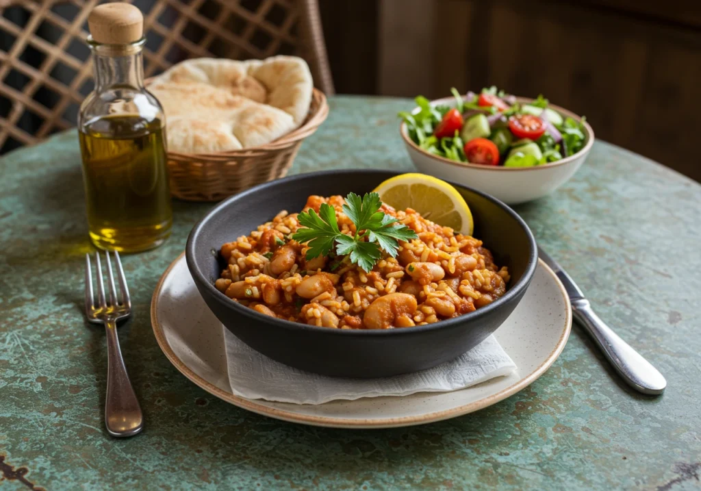 Mediterranean Rice & Beans served with parsley, lemon, and pita bread.