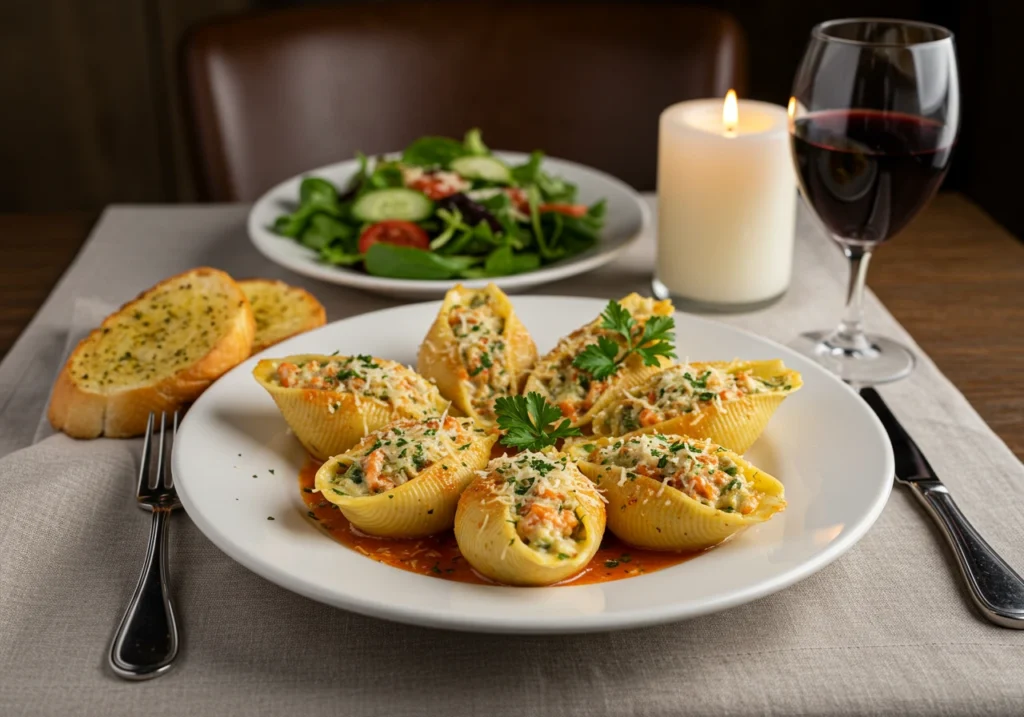 Plated seafood stuffed shells served with garlic bread and salad.