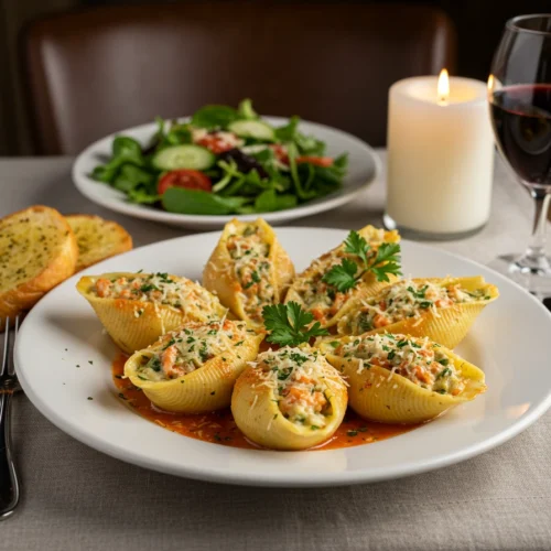 Plated seafood stuffed shells served with garlic bread and salad.