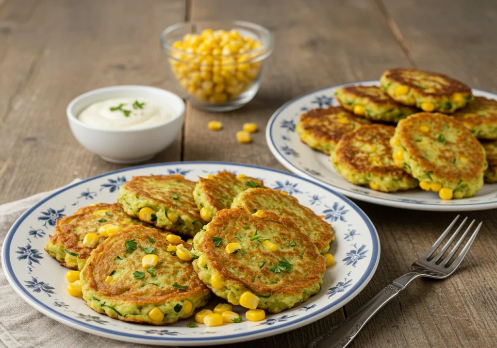 Zucchini fritters served with dipping sauce and lemon wedges.
