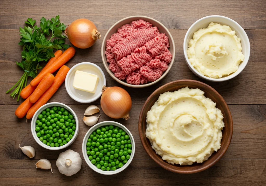 Fresh ingredients for shepherd’s pie laid out on a kitchen table