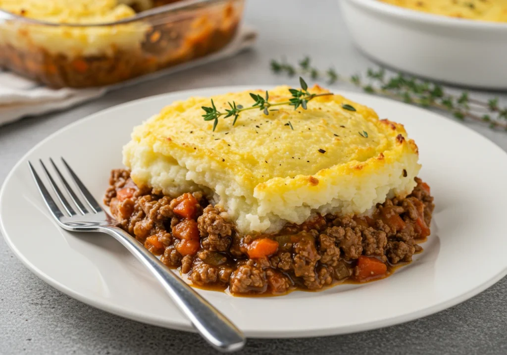 A plated serving of shepherd’s pie with golden topping and savory filling