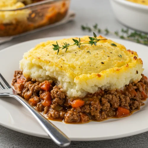 A plated serving of shepherd’s pie with golden topping and savory filling