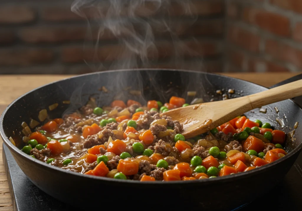 Shepherd’s pie filling with ground beef and vegetables cooking in a skillet