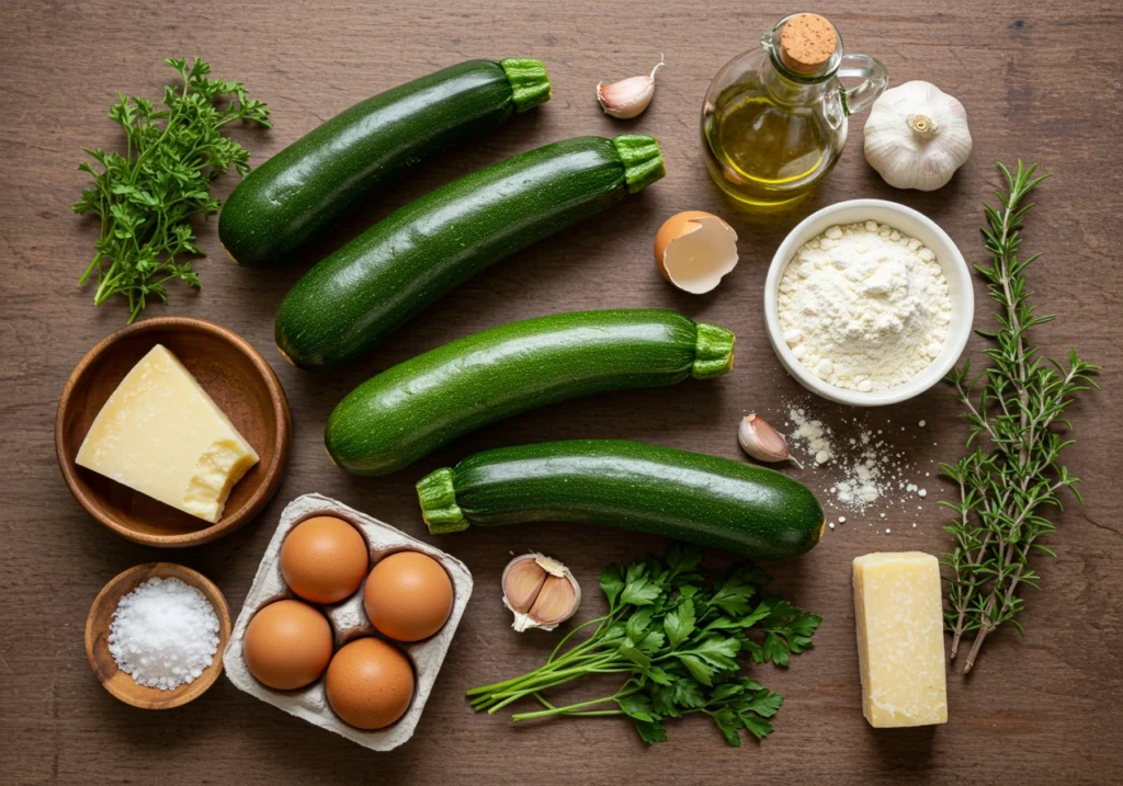 Ingredients for zucchini fritters including zucchini, eggs, cheese, and flour.