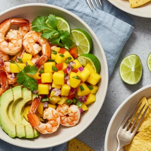 Featured shrimp and avocado bowl with mango salsa in a rustic bowl